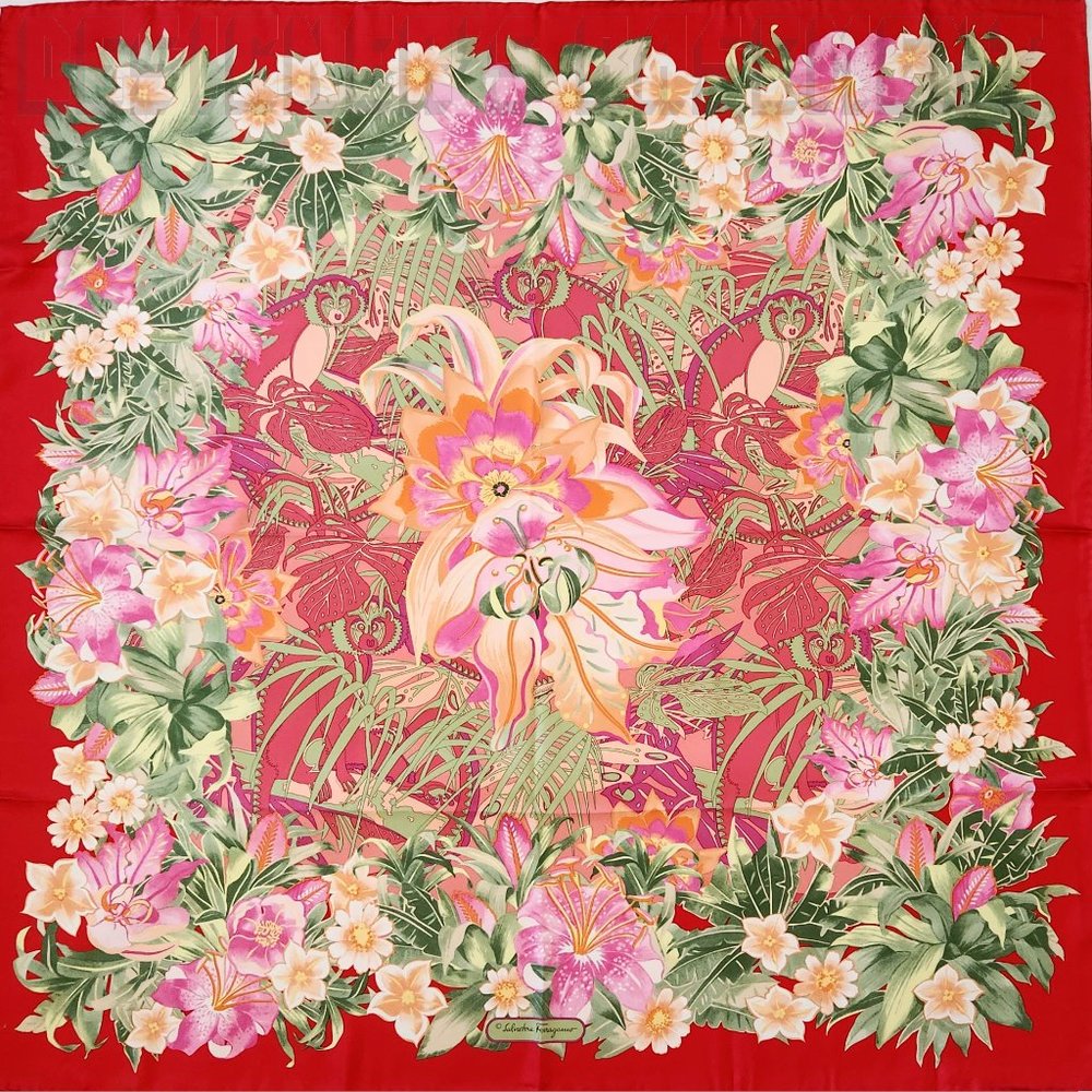 SALVATORE FERRAGAMO red GINKOS Flowers CAPUCHIN Monkeys silk scarf NWT + box 🎁